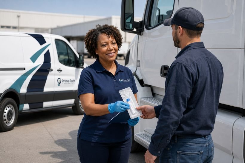 Collector handing a sealed DOT test kit to a CDL truck driver at his semi-truck