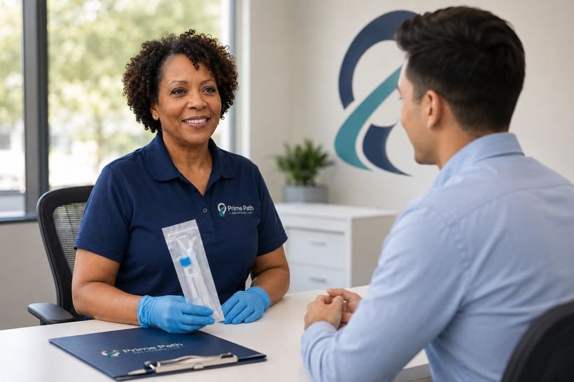 Collector with a job applicant in an office for pre-employment testing