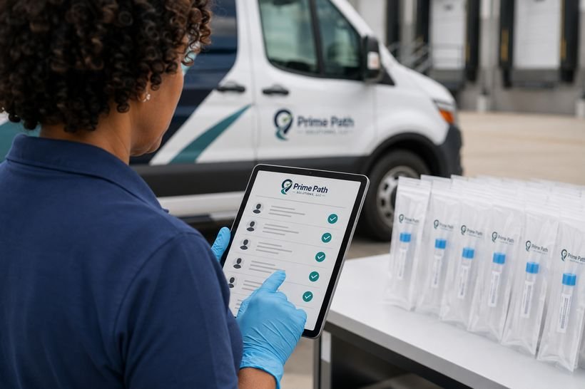 Tablet checklist of employee names beside sealed specimen kits